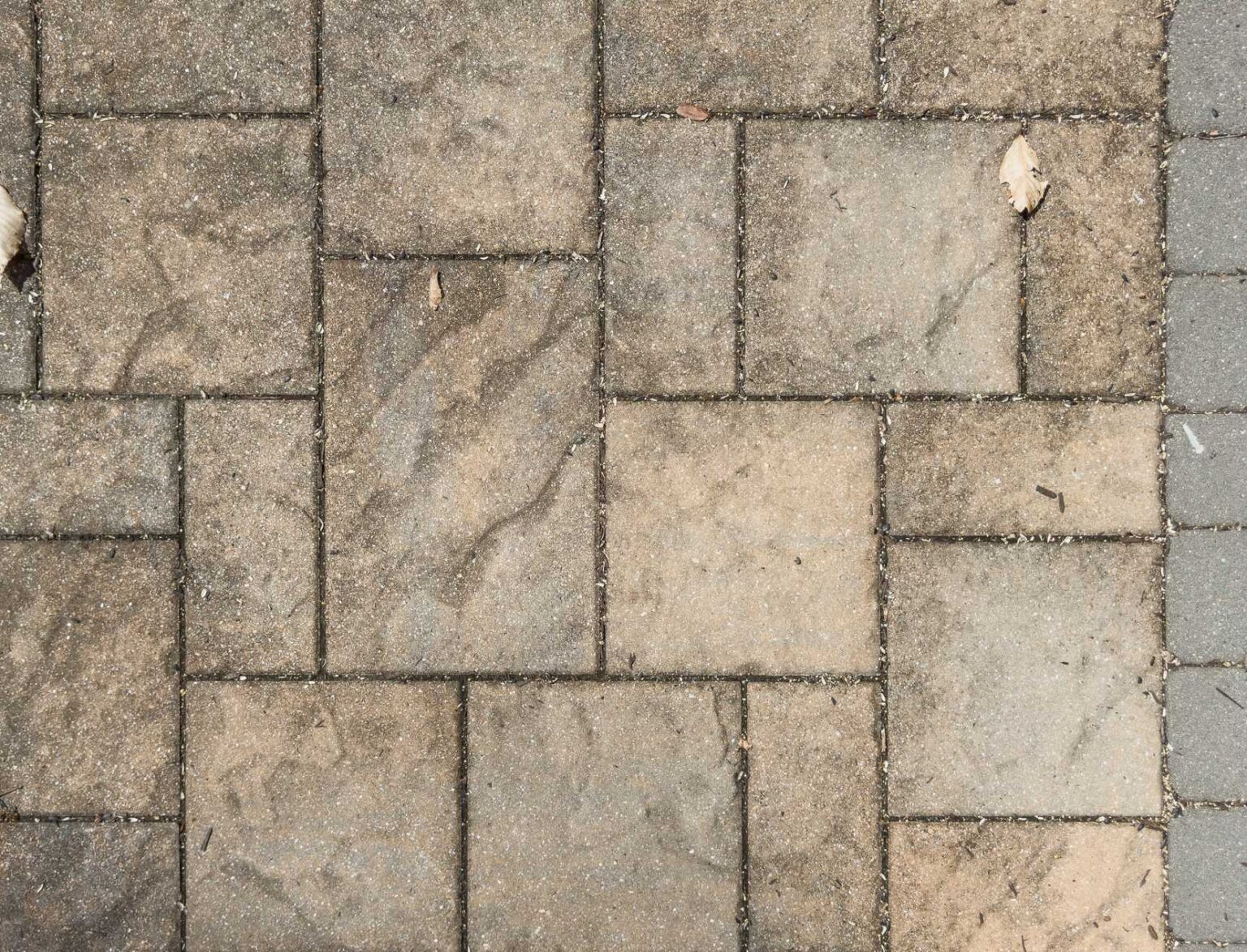 Dirty natural paver patio before treatment