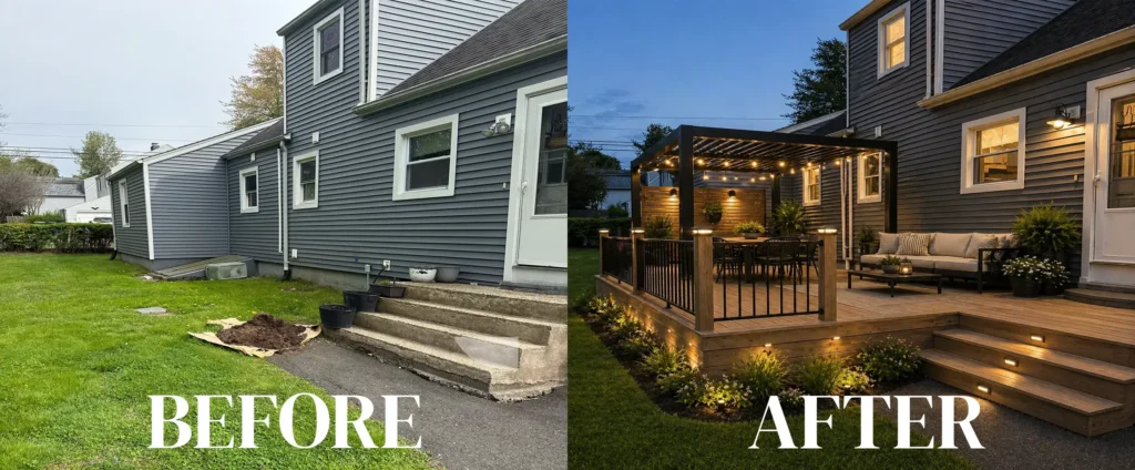 backyard ai transformation with deck, landscape lighting, pergola, and steps
