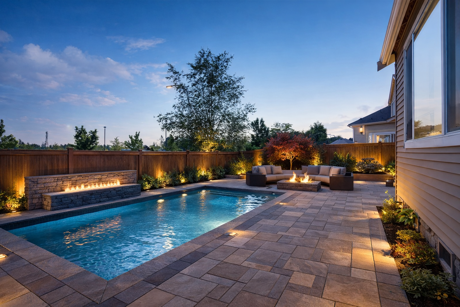 ai generated image of backyard pool patio with landscape lighting